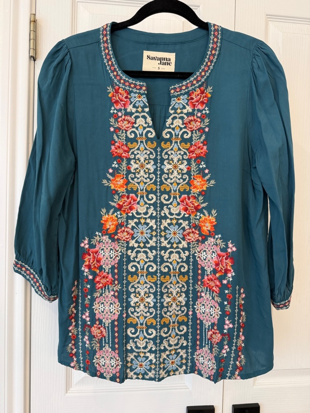 Savanna Jane Embroidered Boho Peasant Top Teal Floral Tunic Small